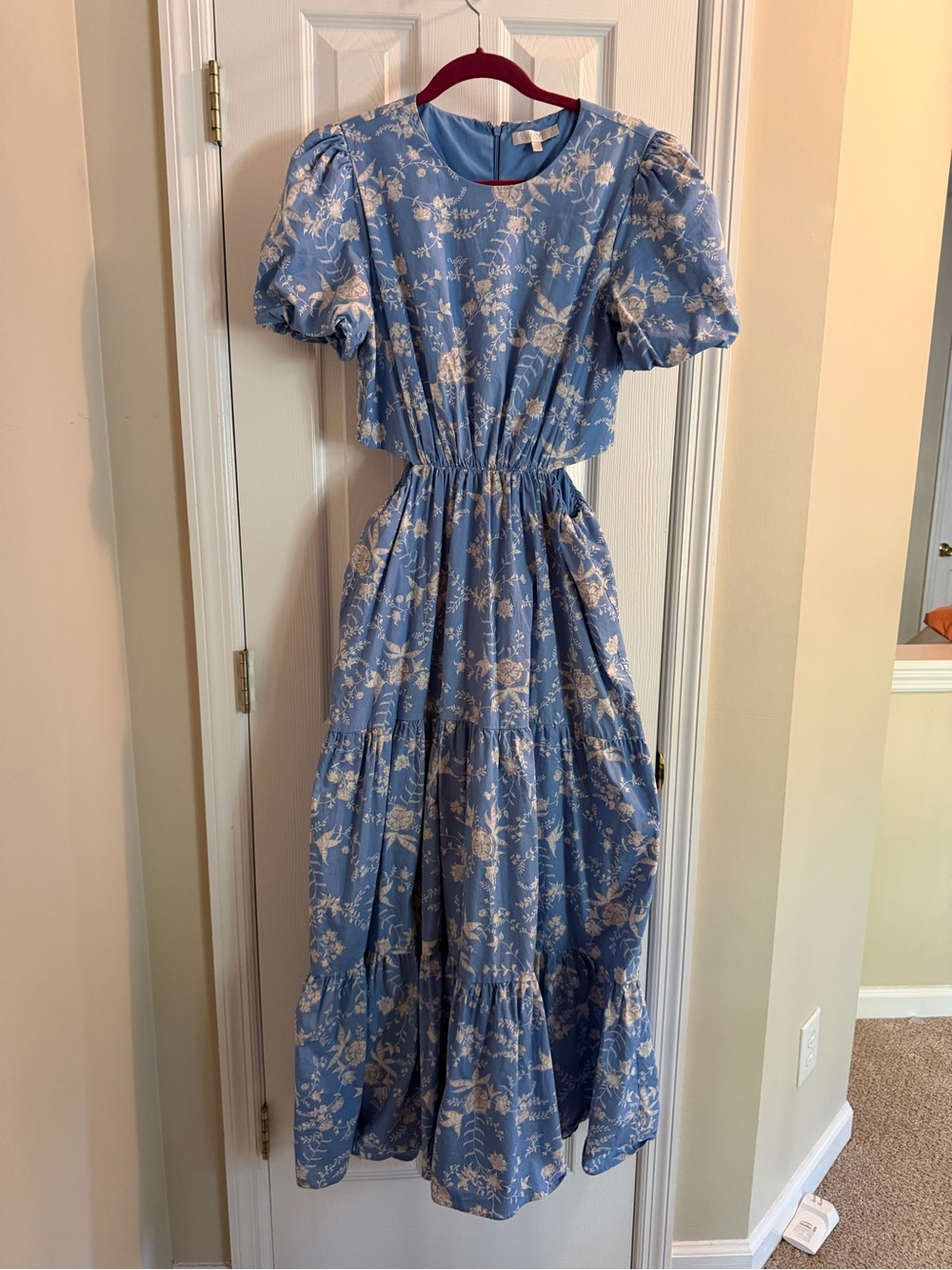 Wayf Sky Blue Floral Puff-Sleeve Tiered Maxi Dress